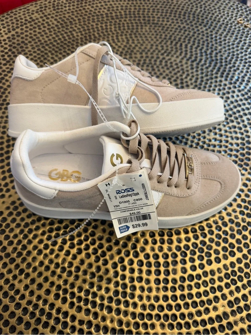 GBG Taupe Suede Low-Top Sneakers with Gold Accents